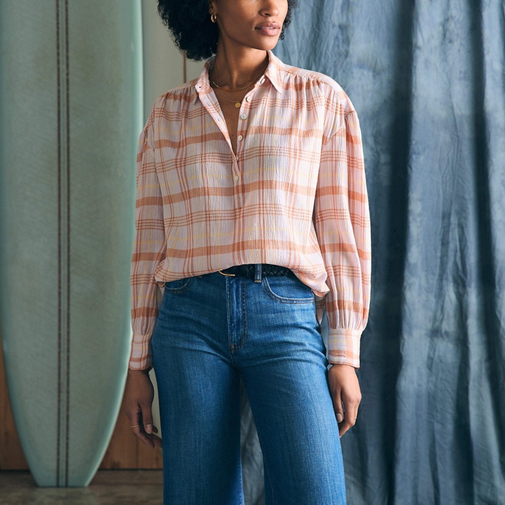 Faherty Organic Cotton Ollie Blouse - Size M - Aroma Plaid - Nwt
